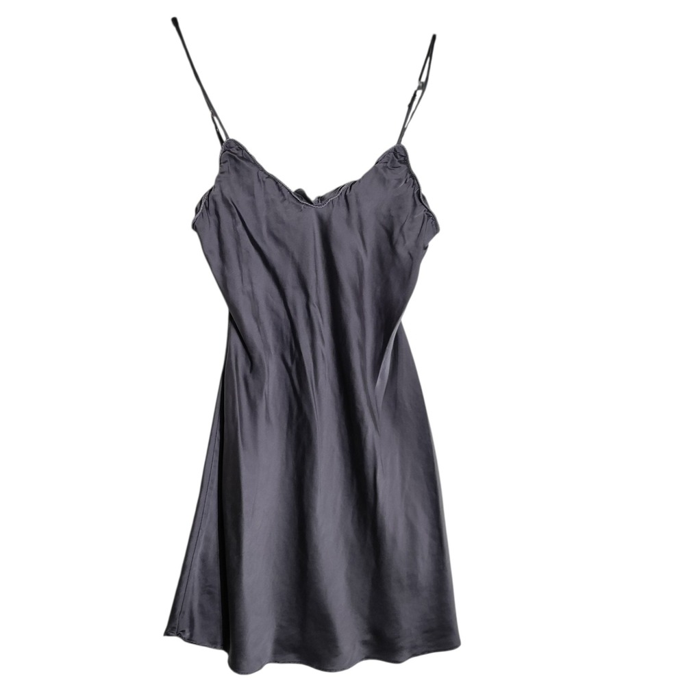 SilkSilky 100% Silk Slip Dress Purple/gray V-Neck Scalloped Trim Small